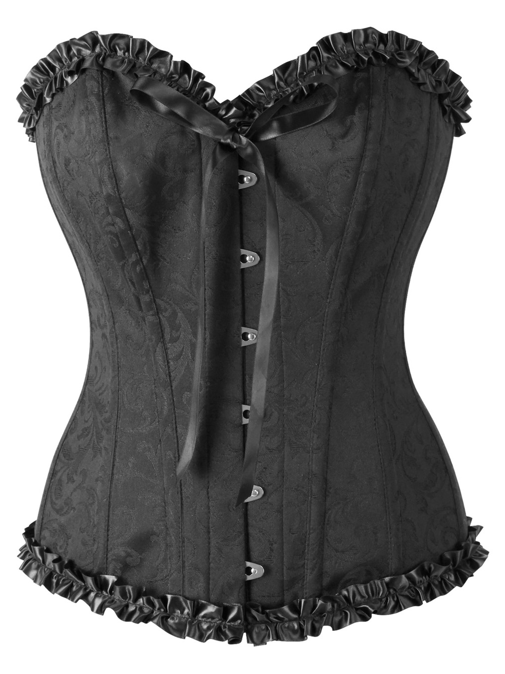 Black Brocade Sweetheart Corset with Ruffle Trim